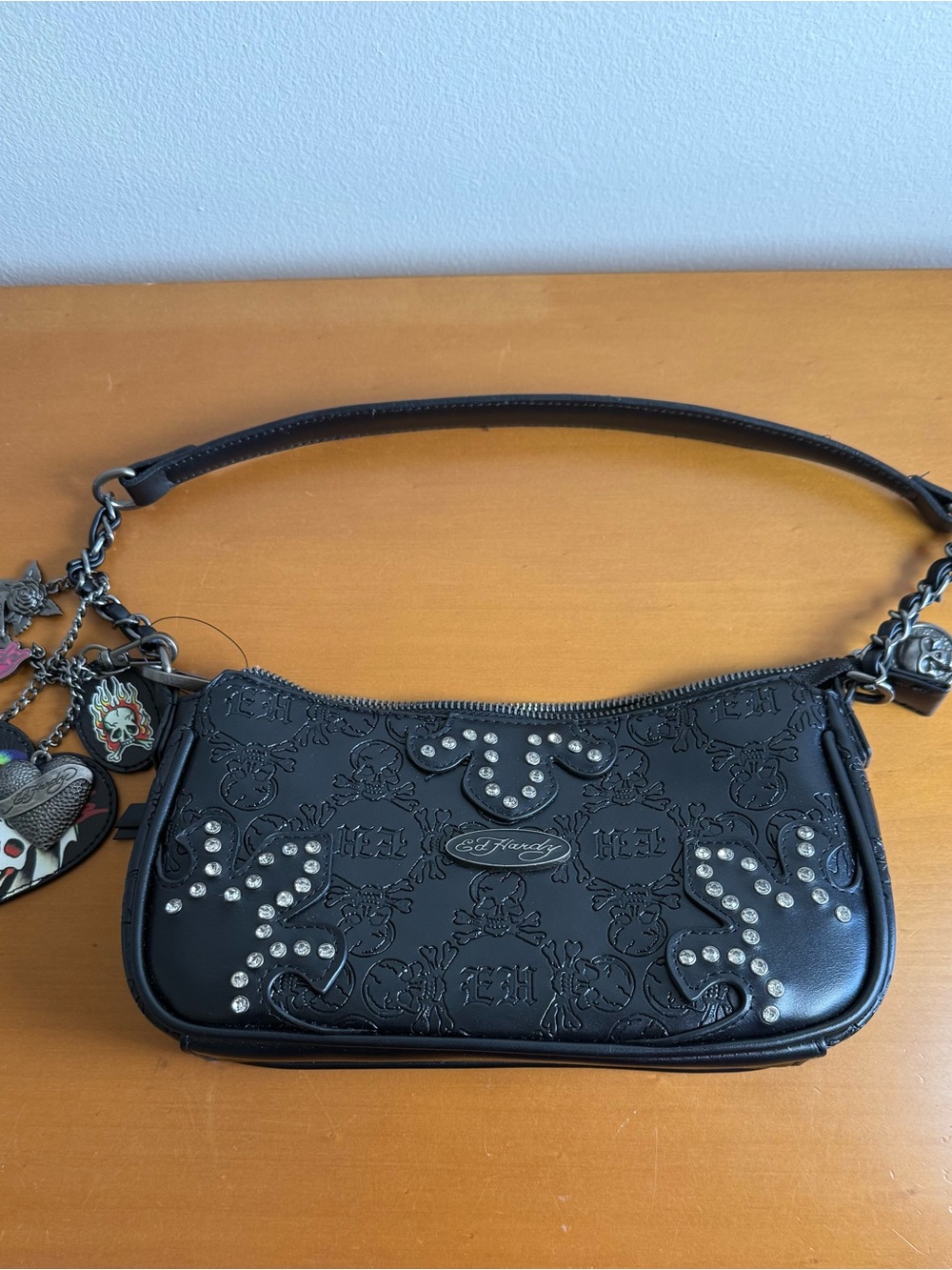 Ed Hardy Black Embossed Studded Shoulder Clutch with Charms